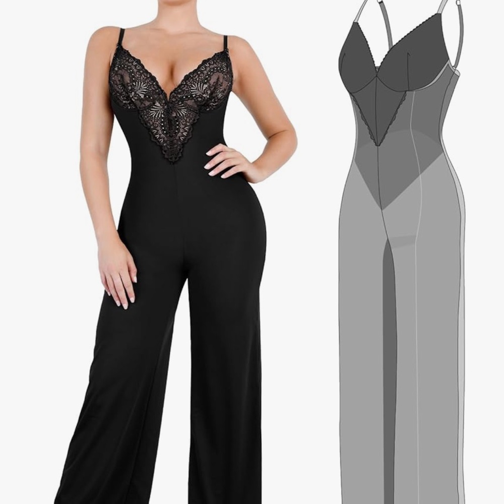 Popilush Black Lace Jumpsuit with built in shapewear